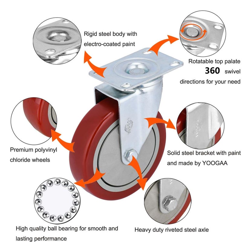 YOOGAA 5" Heavy Duty Caster Swivel Caster Wheels No Noise 360 Degree Rotation Plate Caster with Screw Total Capacity 1500lbs Set of 4 Without Brake - Image 2